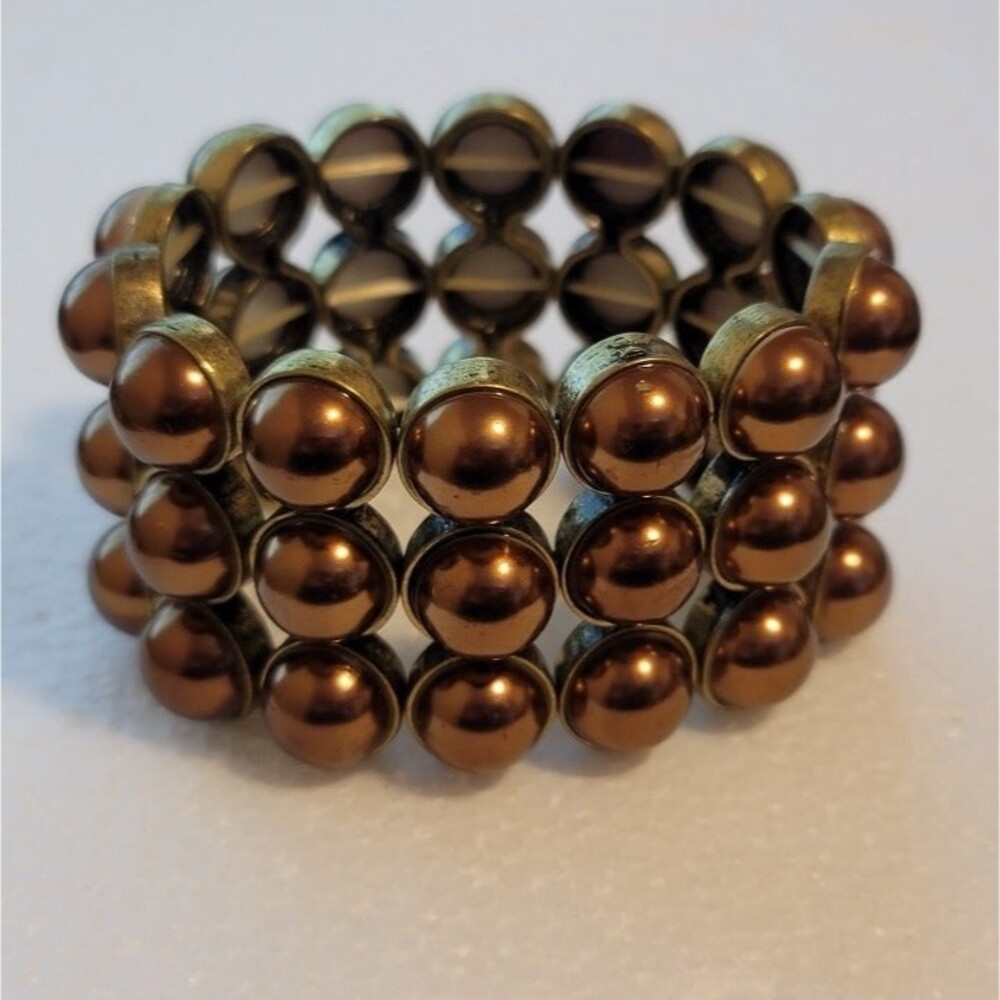 Vintage Copper Tone Stretch Bracelet Three Row Beaded Retro Jewelry